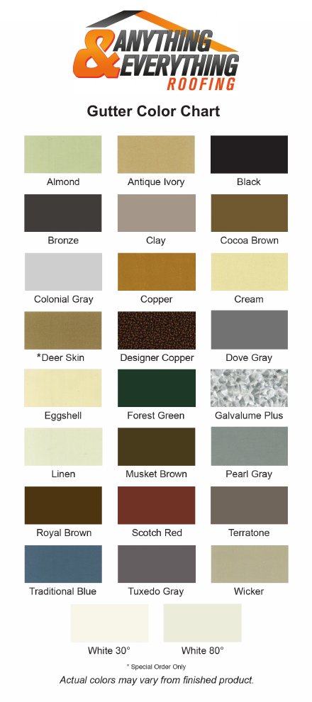 Anything and Everything Roofing gutter color chart with 26 colors including Almond, Black, Bronze, Clay, Colonial Gray, Copper, Forest Green, Galvalume Plus, Musket Brown, Royal Brown, Scotch Red, Traditional Blue, Tuxedo Gray, White